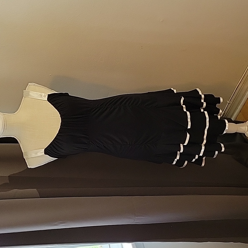 Venus Little Black Ruffle Dress with Satin Straps & Trim